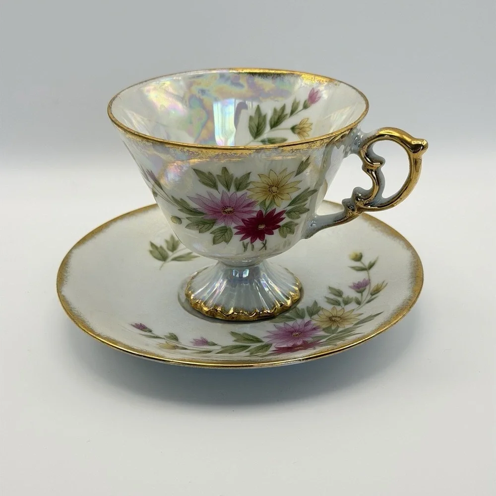 Vtg Norleans Japan Lusterware Teacup Saucer Floral‎ September Aster Tea Party